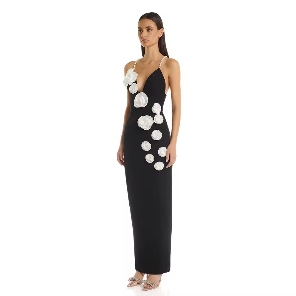Satin Mermaid Evening Dresses Pearls Spaghetti Strap 3D Flowers Sleeveless V-Neck