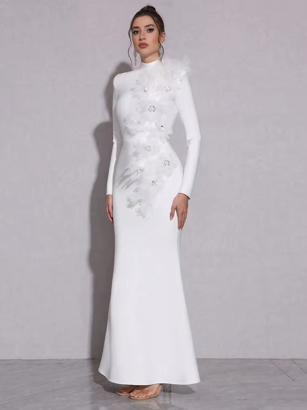 Splicing Flowers Turtleneck Long Sleeves Evening Bodycon Dress