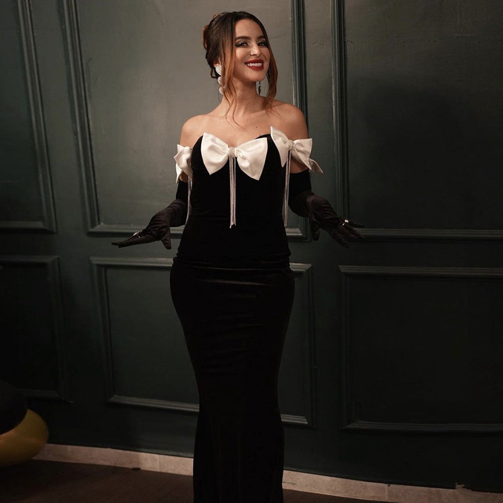 Off Shoulder Bow Tassel Rhinestone Bandage Dress Ladies Party Long Formal Dress