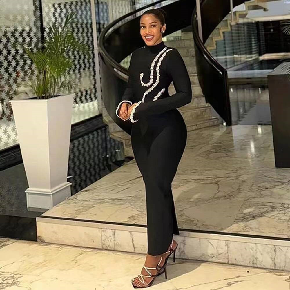 Rhinestone Long Sleeve Tight Bandage One Piece Dress Socialite Elegant Cocktail Formal Maxi Dress