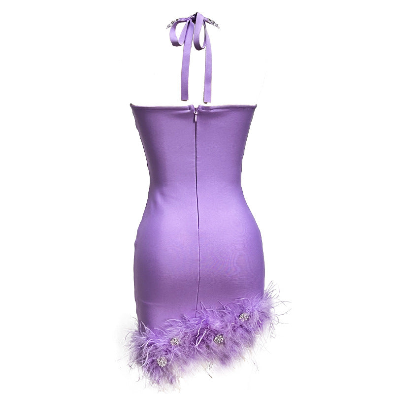Halter Diamond Feather Stretch Bandage One Piece Dress Party Dress