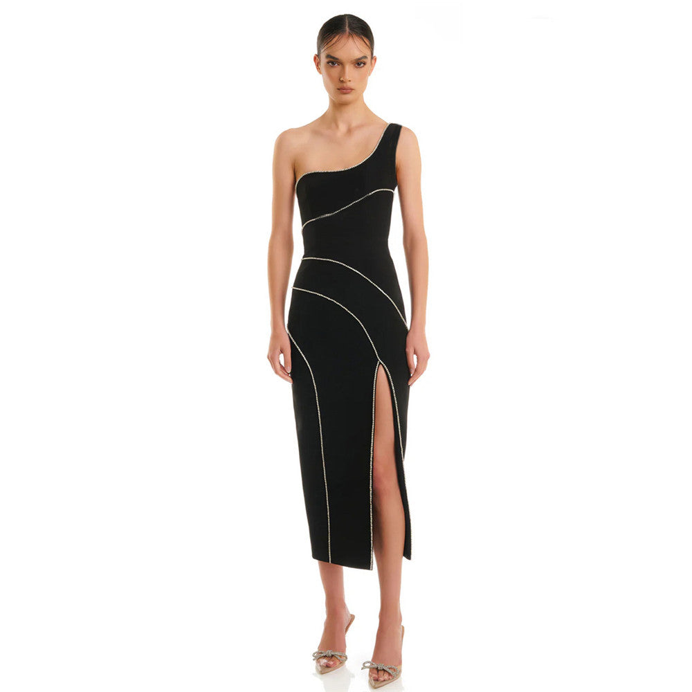 Split Shoulder Sleeveless Slim Bandage Dress Diamond Studded Party Cocktail Evening Dress Dress