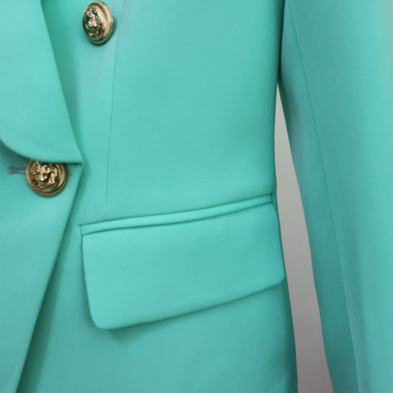 Blazer Head Metal Buckle Double Breasted Green Collar Blazer Mint Green