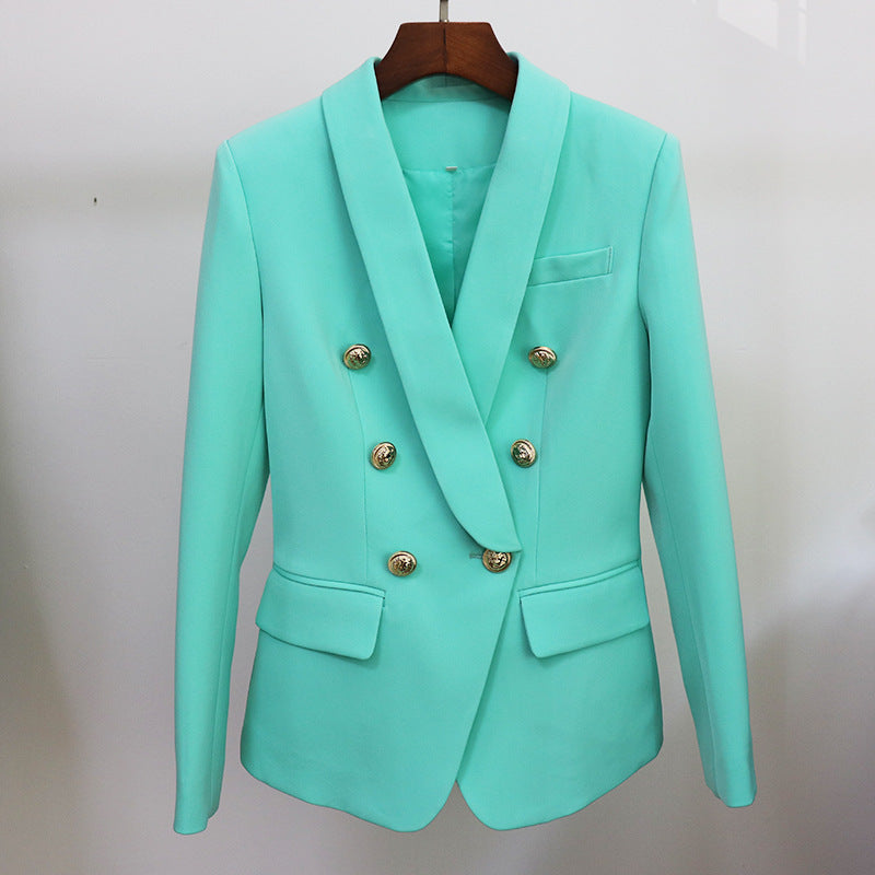 Blazer Head Metal Buckle Double Breasted Green Collar Blazer Mint Green