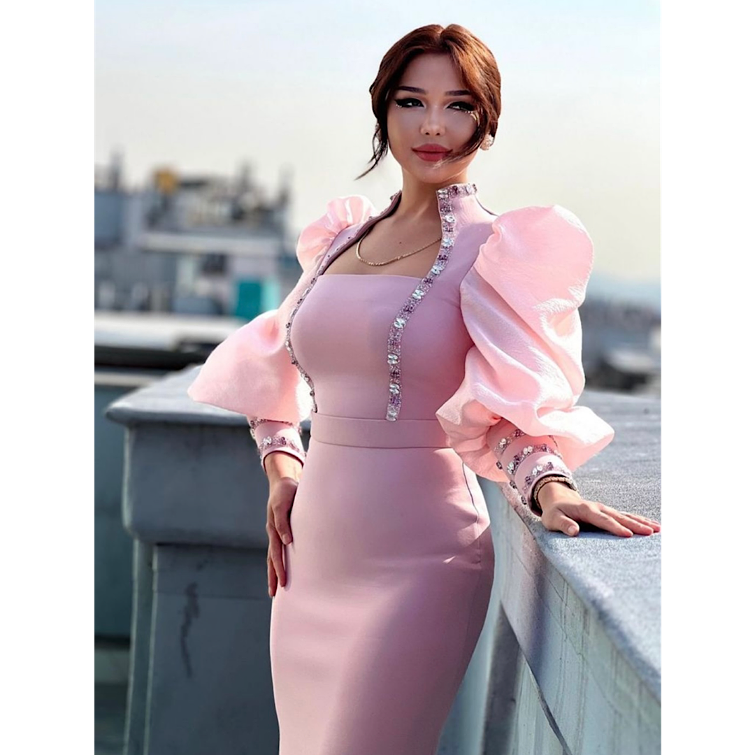 Pink long sleeve midi party dress