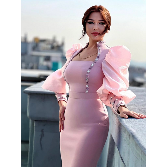 Pink long sleeve midi party dress