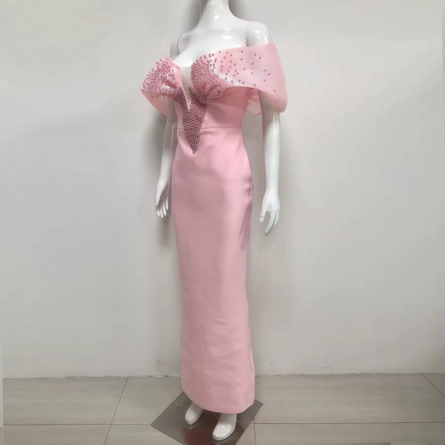 Off Shoulder Pearl pink Bodycon Maxi Long Bandage Dress