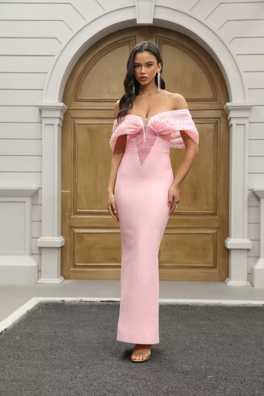 Off Shoulder Pearl pink Bodycon Maxi Long Bandage Dress