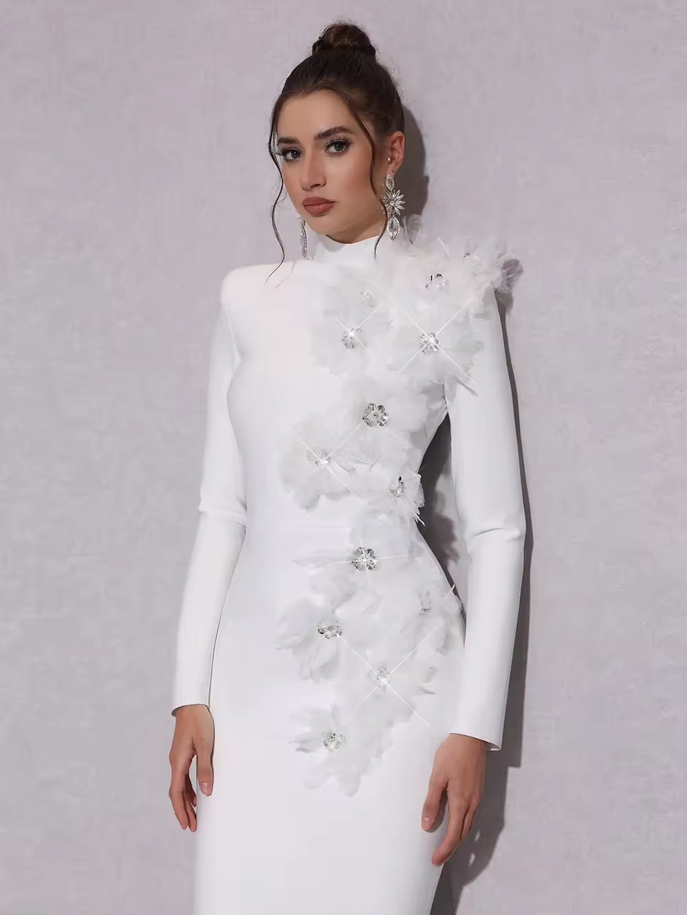 Splicing Flowers Turtleneck Long Sleeves Evening Bodycon Dress