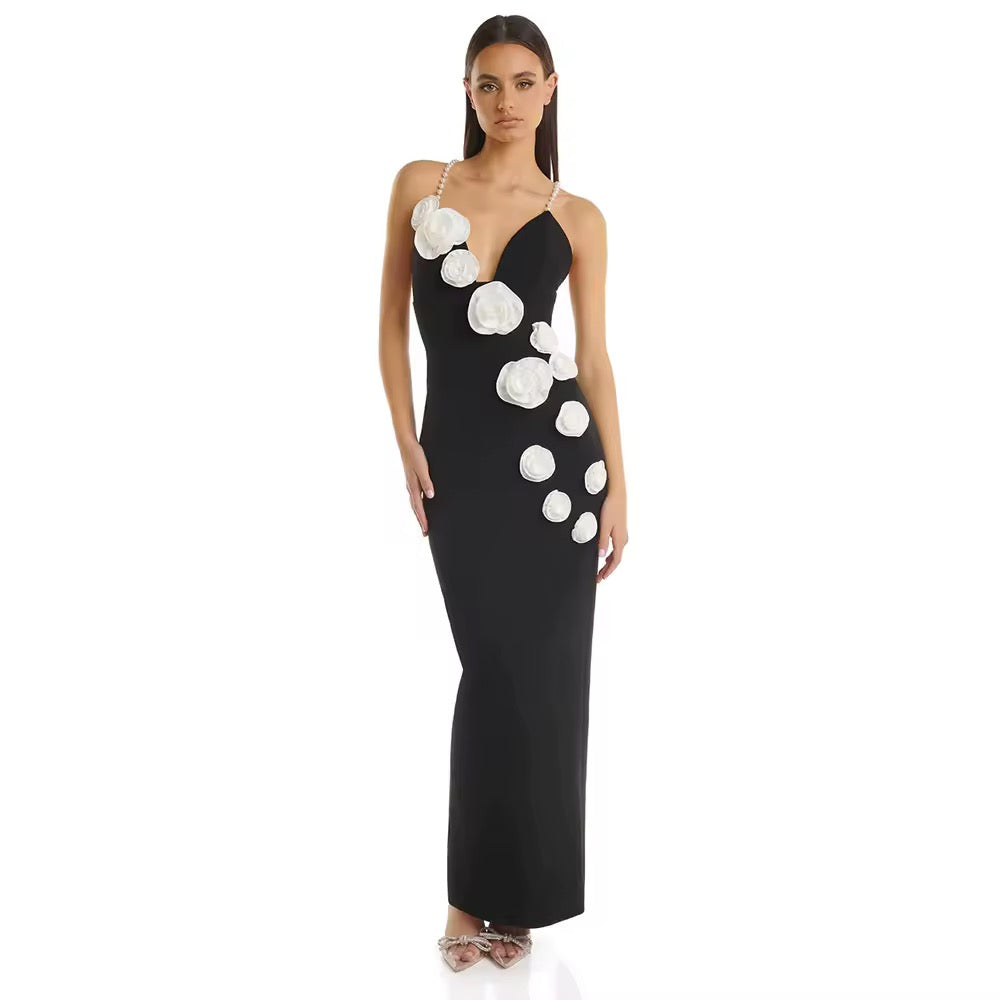 Satin Mermaid Evening Dresses Pearls Spaghetti Strap 3D Flowers Sleeveless V-Neck