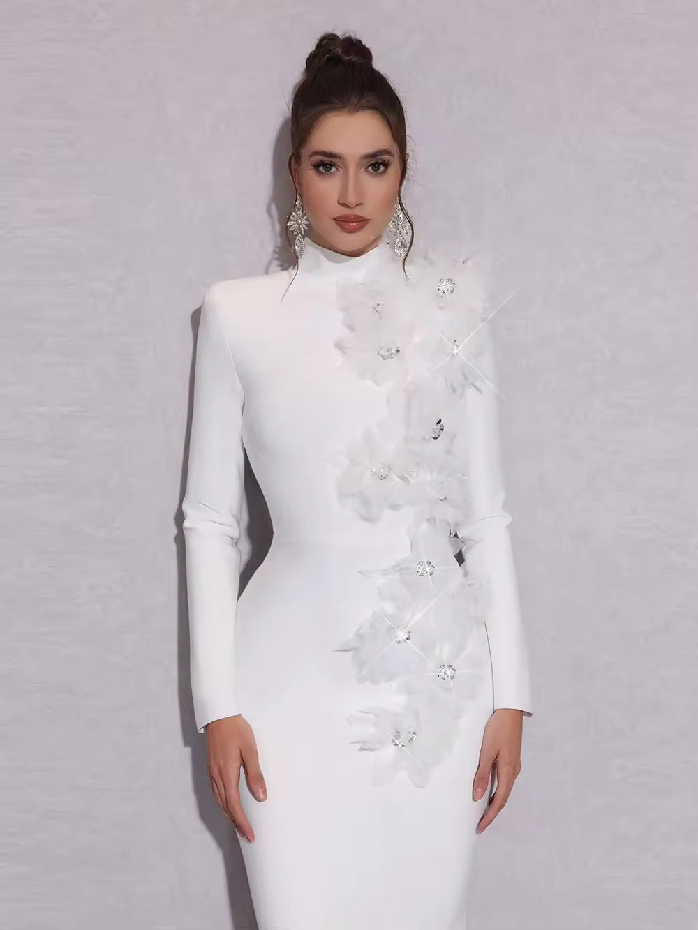 Splicing Flowers Turtleneck Long Sleeves Evening Bodycon Dress