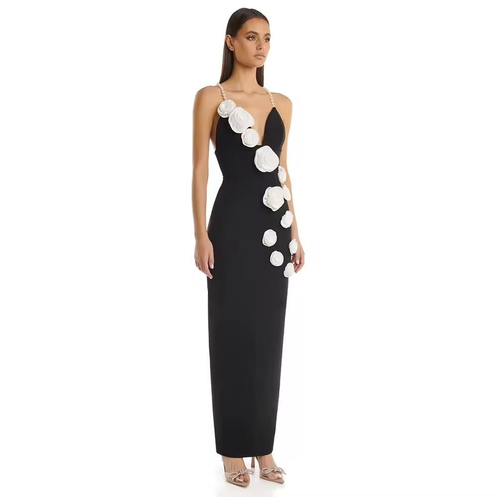 Satin Mermaid Evening Dresses Pearls Spaghetti Strap 3D Flowers Sleeveless V-Neck