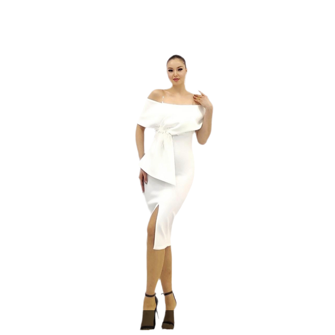 White feather evening dress