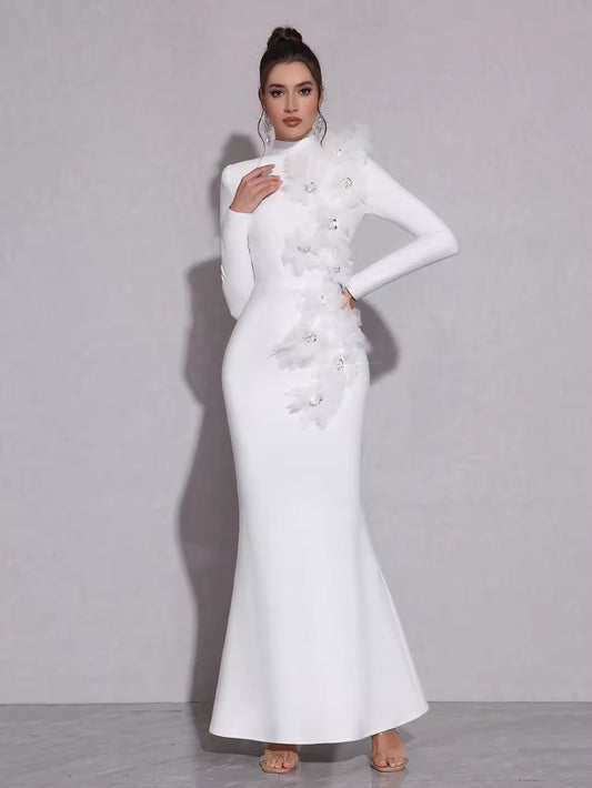 Splicing Flowers Turtleneck Long Sleeves Evening Bodycon Dress
