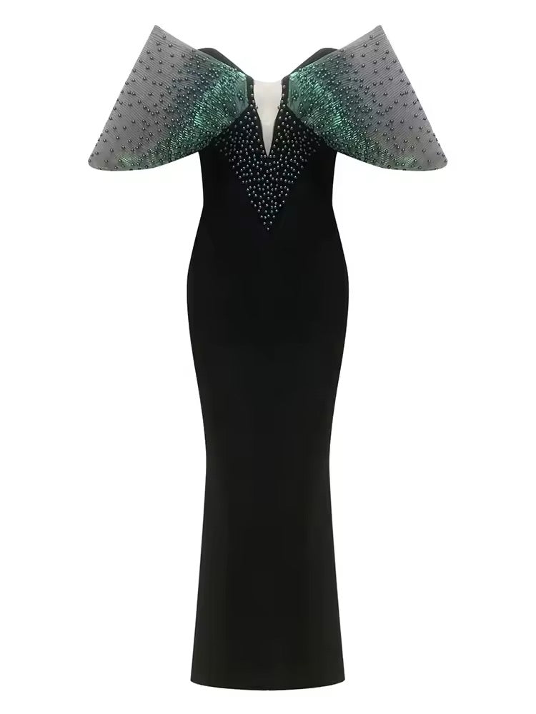 Strapless Puff Sleeves Beaded Bandage Dress