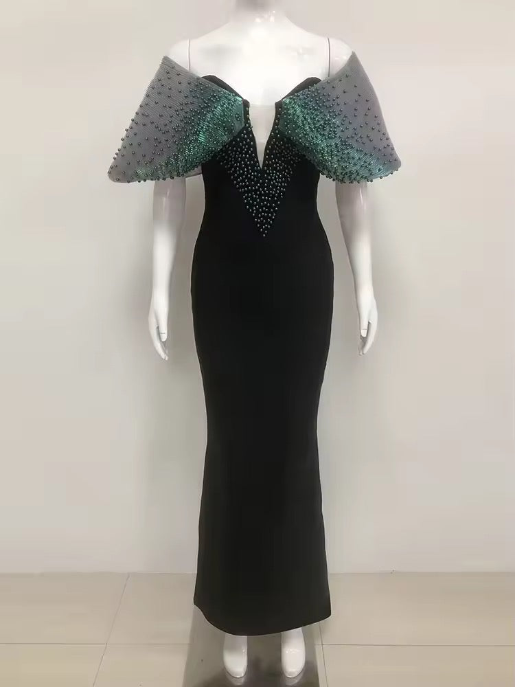 Strapless Puff Sleeves Beaded Bandage Dress
