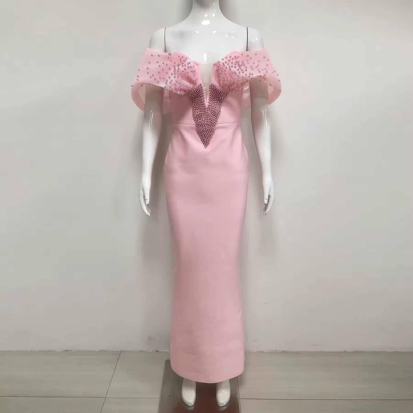 Off Shoulder Pearl pink Bodycon Maxi Long Bandage Dress