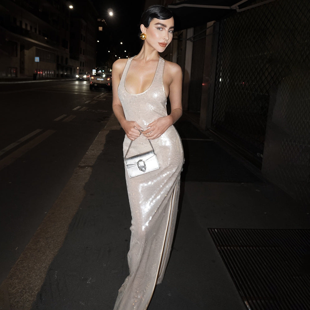 Sexy Spaghetti Straps Sleeveless U Collar Slim Fit Sequined Dress
