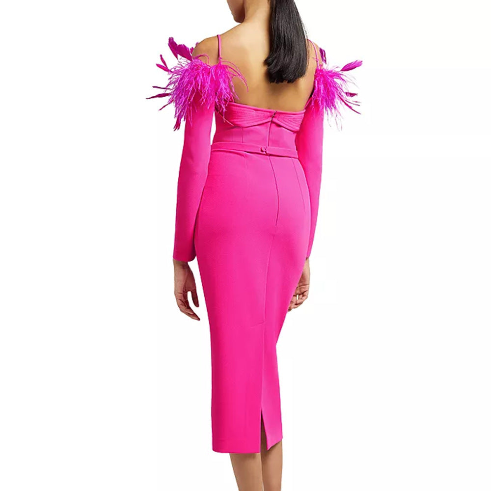Sexy Feather Bandage Dress Party Gathering Backless Long Sleeves Formal Dress