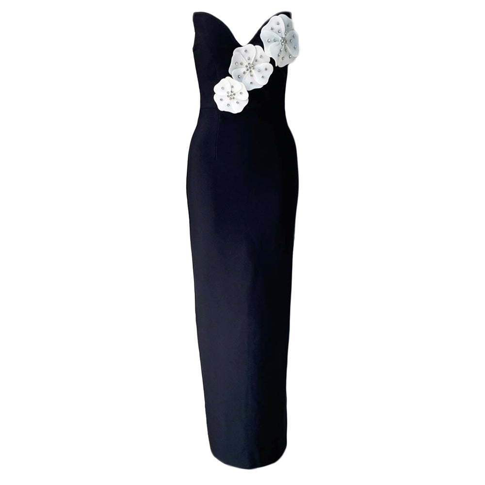 Tube Top Bandage One Piece Dress Floral Rhinestone Embedded Split Party Formal Dress