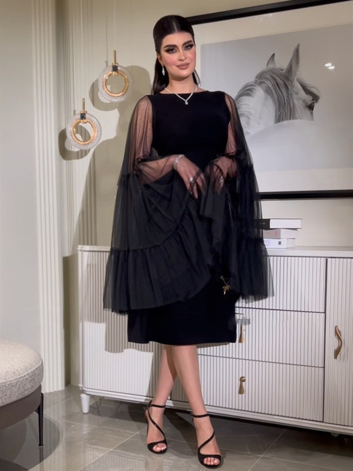 Mesh Puff Sleeve Sheath Mid Length Ball Gown