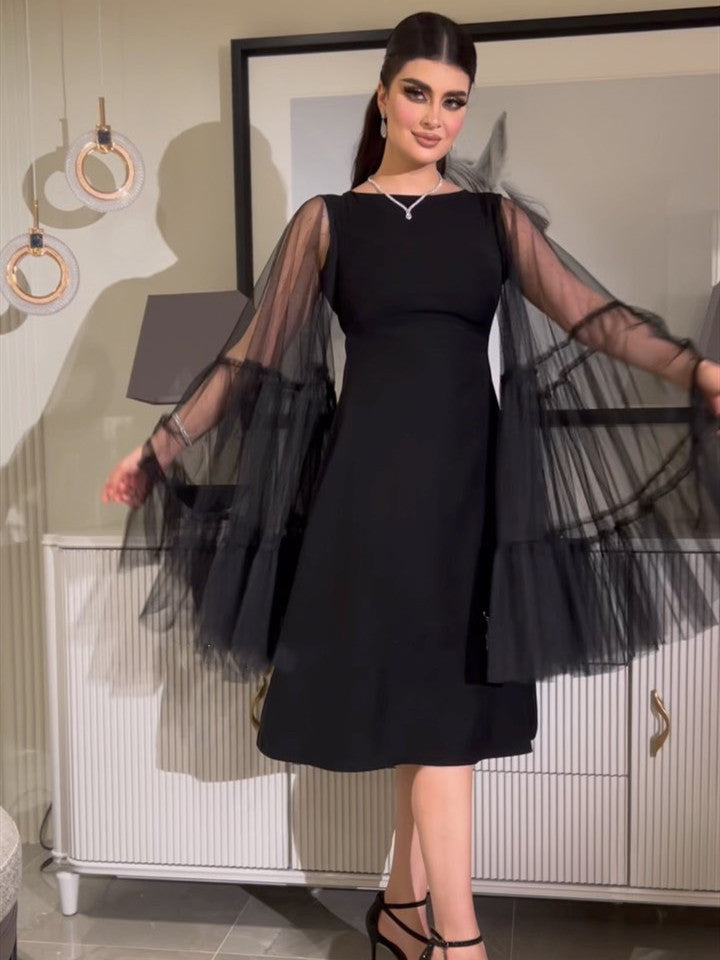 Mesh Puff Sleeve Sheath Mid Length Ball Gown