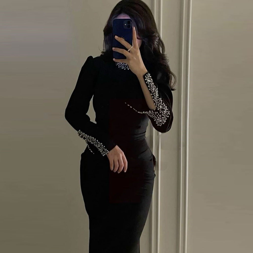 Elegant Slim Fit Long Sleeve Diamond Bandage One Piece Dress Sexy Slit Cocktail Formal Maxi Dress