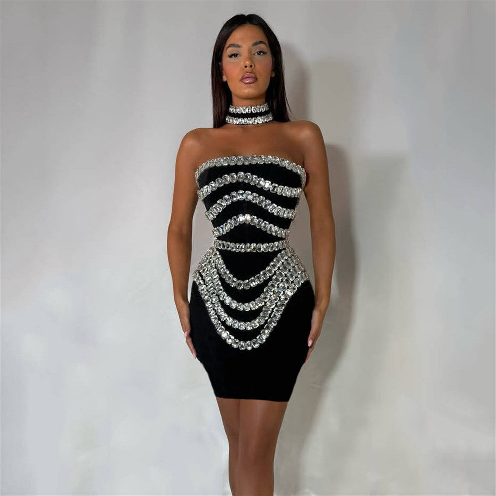 Rhinestone off the Shoulder Bandage One-Piece Dress