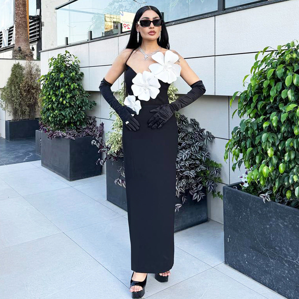 Tube Top Bandage One Piece Dress Floral Rhinestone Embedded Split Party Formal Dress