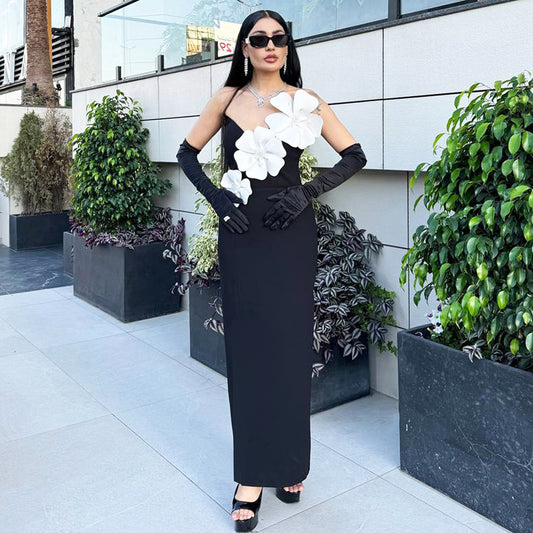 Tube Top Bandage One Piece Dress Floral Rhinestone Embedded Split Party Formal Dress
