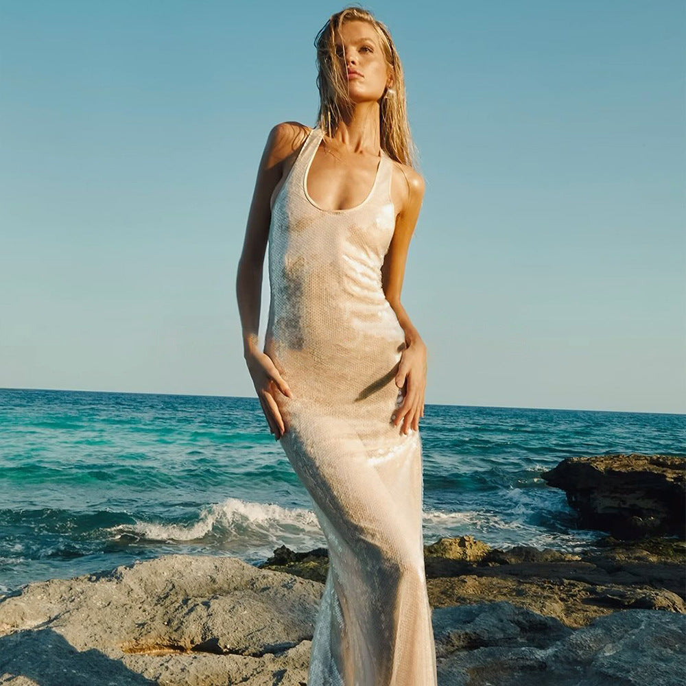 Sexy Spaghetti Straps Sleeveless U Collar Slim Fit Sequined Dress