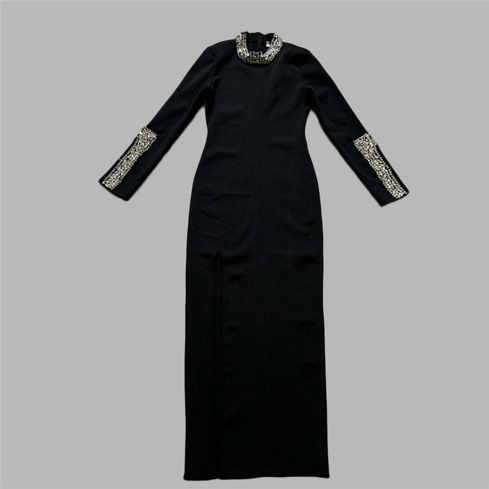 Elegant Slim Fit Long Sleeve Diamond Bandage One Piece Dress Sexy Slit Cocktail Formal Maxi Dress