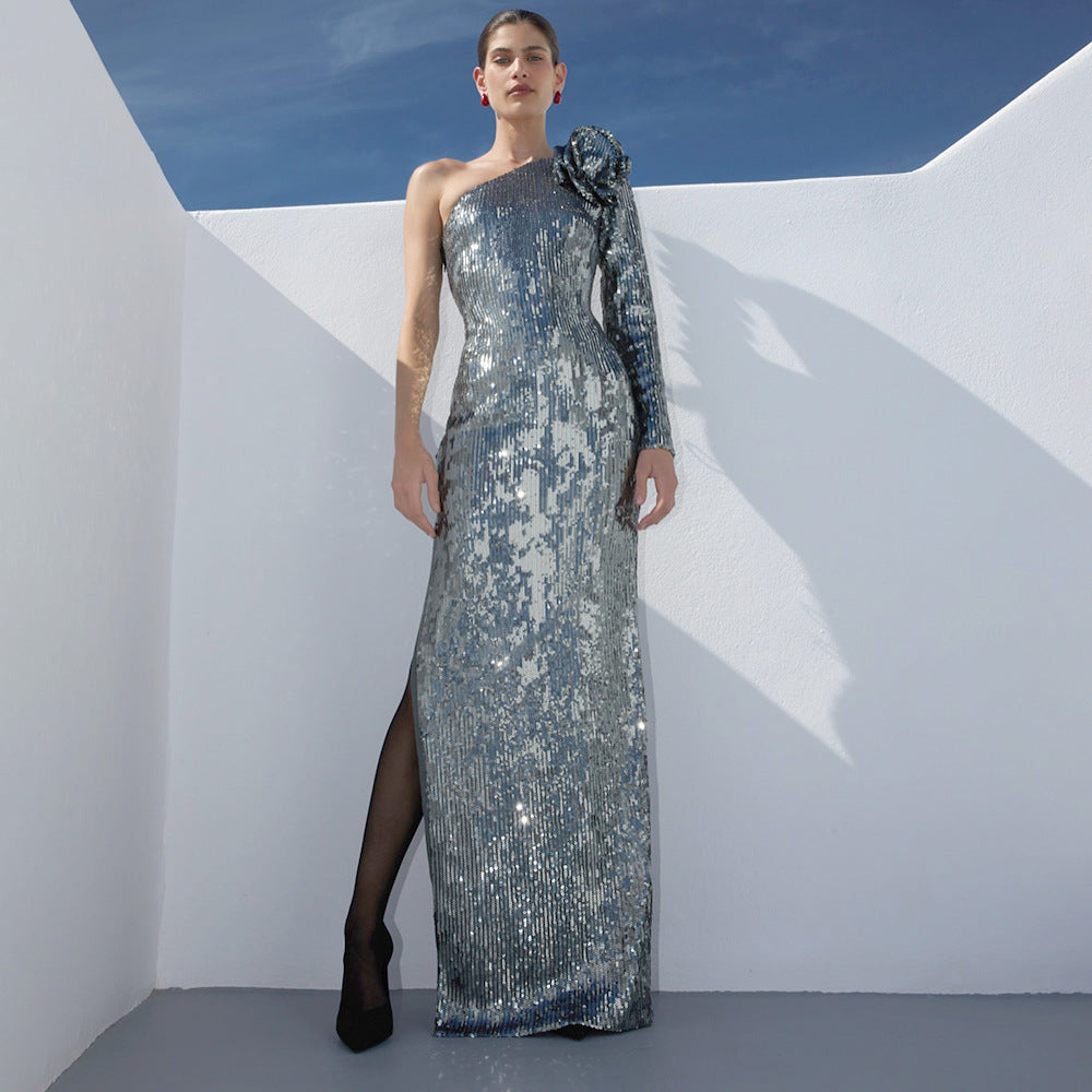 Silver sequin Cocktail Christmas Party Formal Dress Elegant
