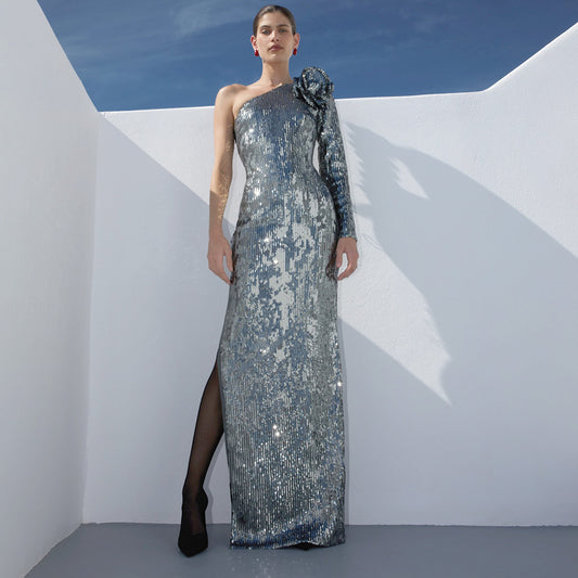 Silver sequin Cocktail Christmas Party Formal Dress Elegant