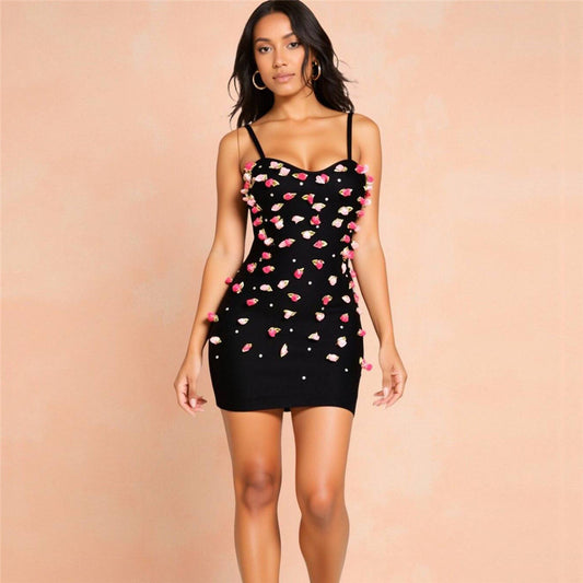 Three Dimensional Floral Rhinestone Embedded Ladies Party Short Evening Dress
