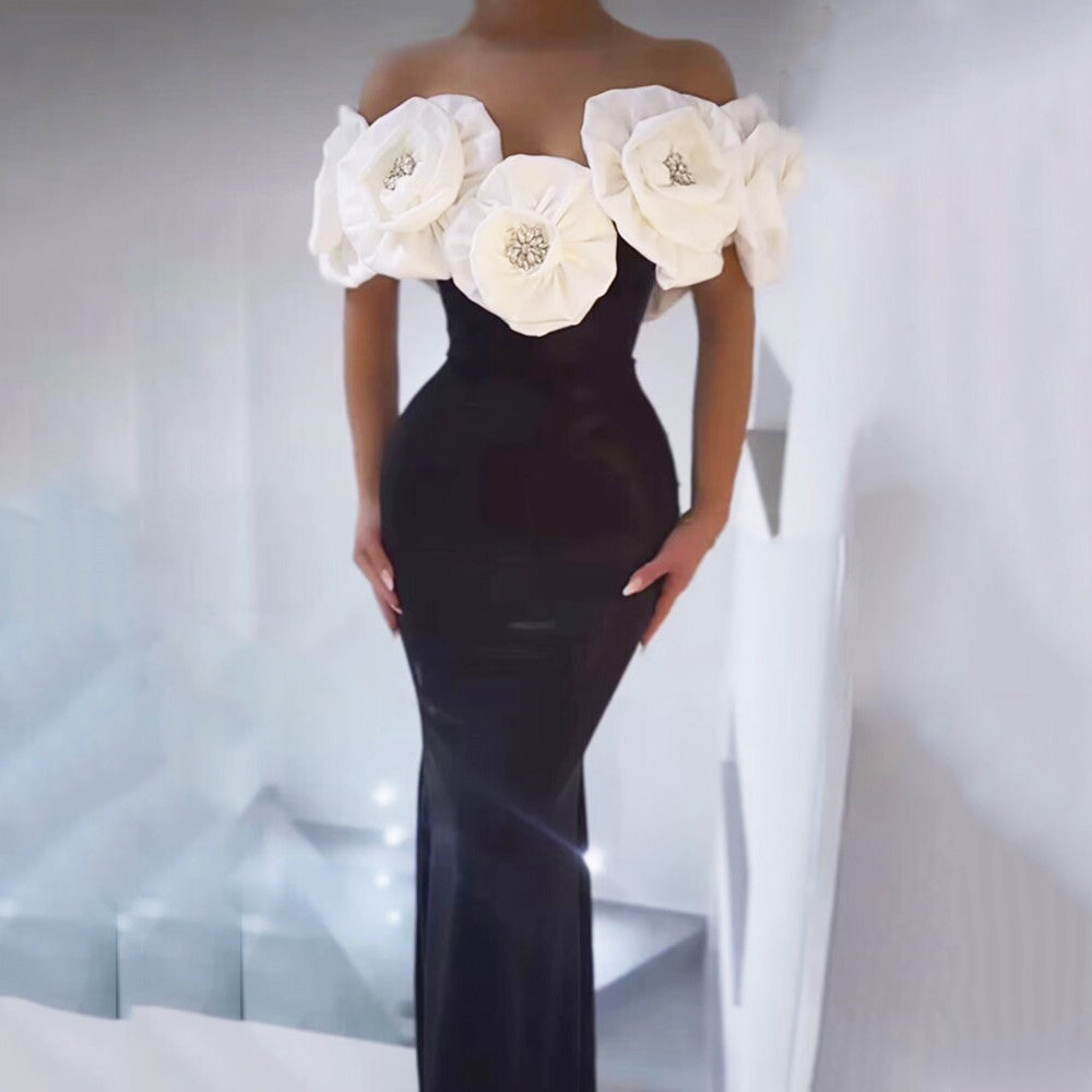 Sexy off Shoulder Bandage Dress Three Dimensional Big Floral Socialite Elegant Dress