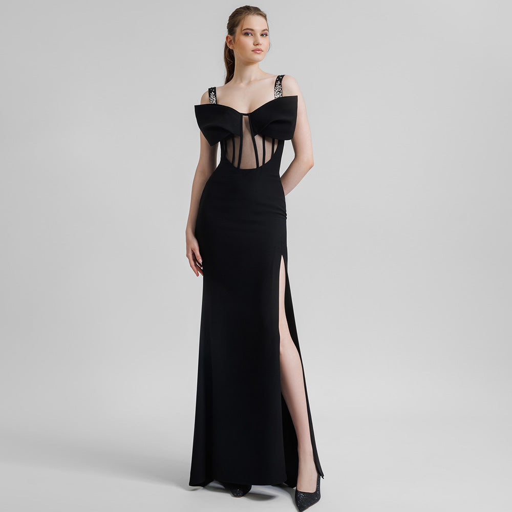 Black Rhinestone Strappy Bow Semi Transparent Maxi Dress