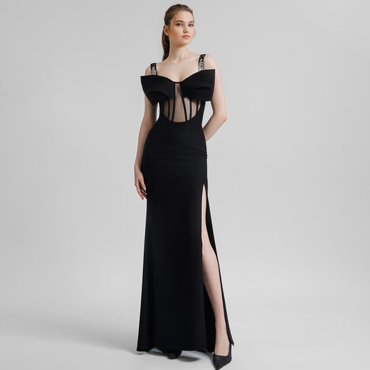 Black Rhinestone Strappy Bow Semi Transparent Maxi Dress