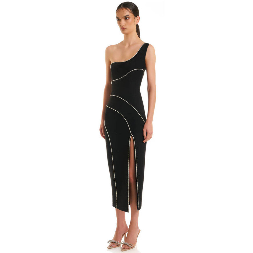 Split Shoulder Sleeveless Slim Bandage Dress Diamond Studded Party Cocktail Evening Dress Dress