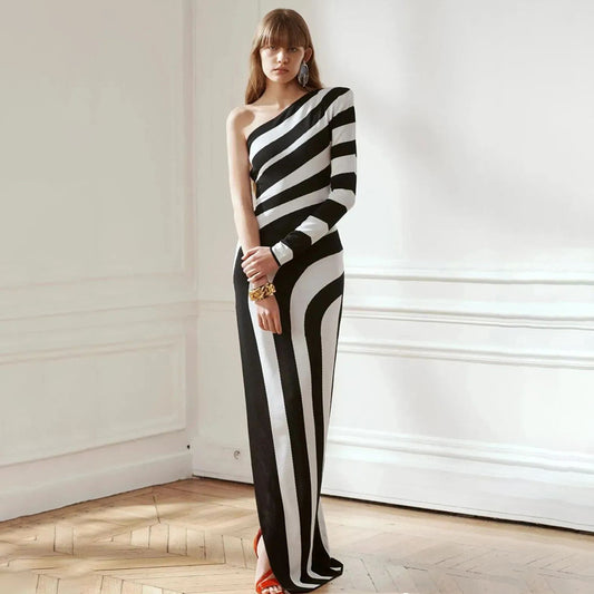 Black White Striped Sexy High Slit One Shoulder Dress Simple in Bandage Dress
