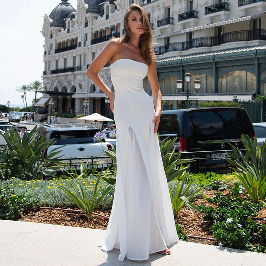 Long Dress Socialite Sexy Slim Tube Top Bandage Mesh Stitching Swing Dress