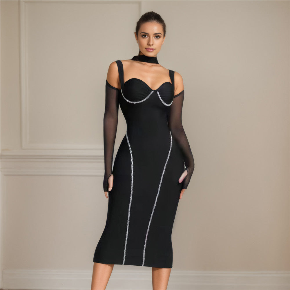 Hollow Out Cutout Jeweled Stitching Bandage Dress Ladies Party Elegant Dress