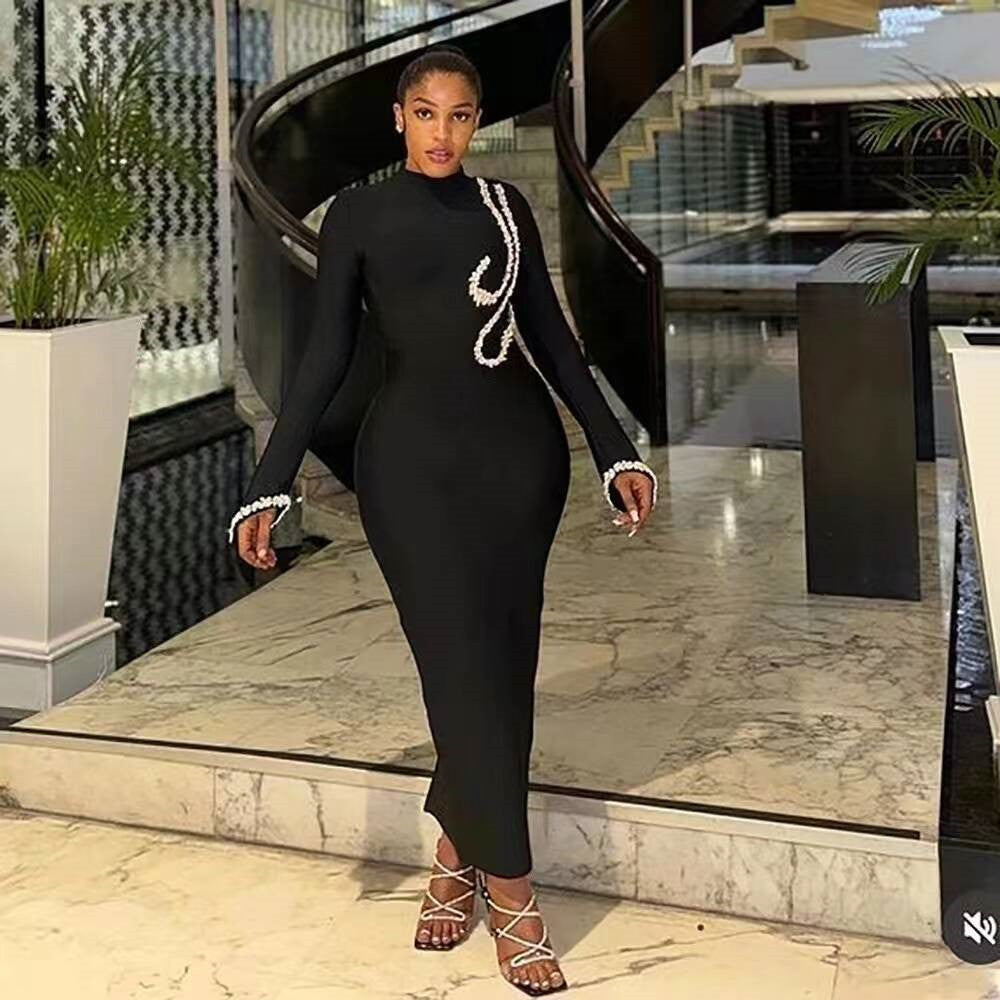 Rhinestone Long Sleeve Tight Bandage One Piece Dress Socialite Elegant Cocktail Formal Maxi Dress