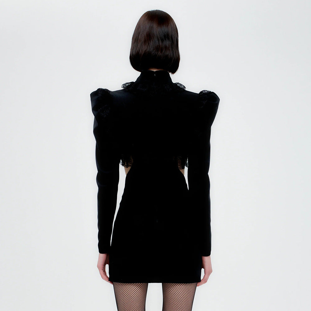 Black Long Sleeve V-neck Cutout Suit Fabric Stretch Slim Fit Padded Shoulder Dress Stitching