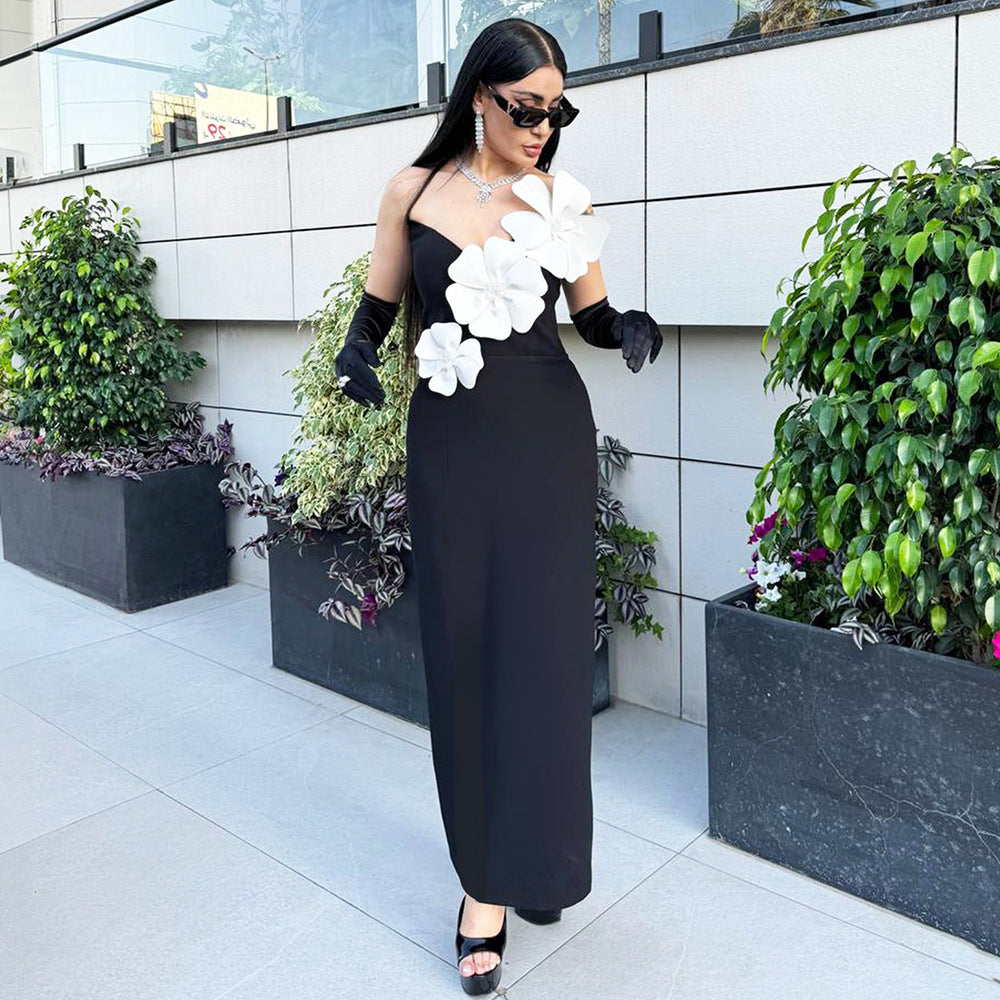 Tube Top Bandage One Piece Dress Floral Rhinestone Embedded Split Party Formal Dress