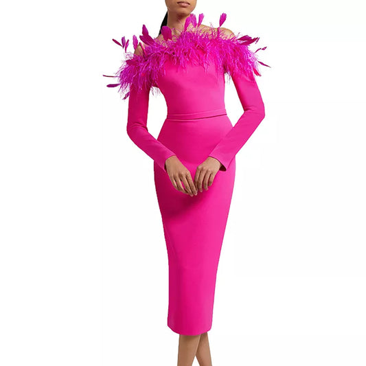 Sexy Feather Bandage Dress Party Gathering Backless Long Sleeves Formal Dress