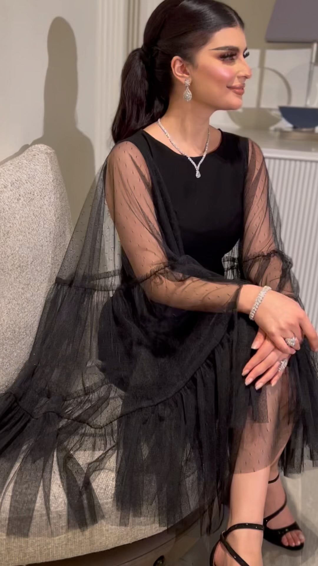 Mesh Puff Sleeve Sheath Mid Length Ball Gown