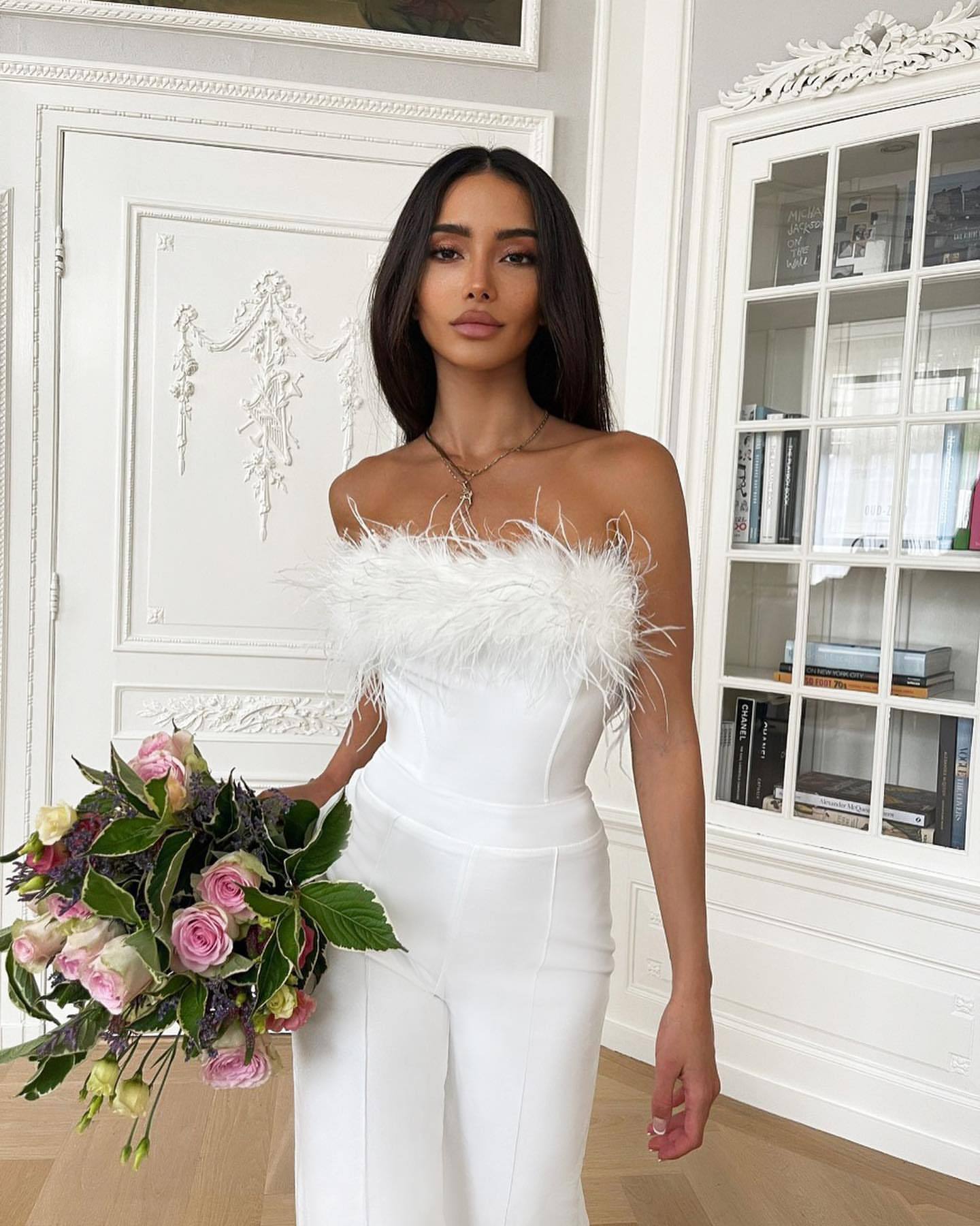 Deep V Plunge Feather Jumpsuit Casual Trousers